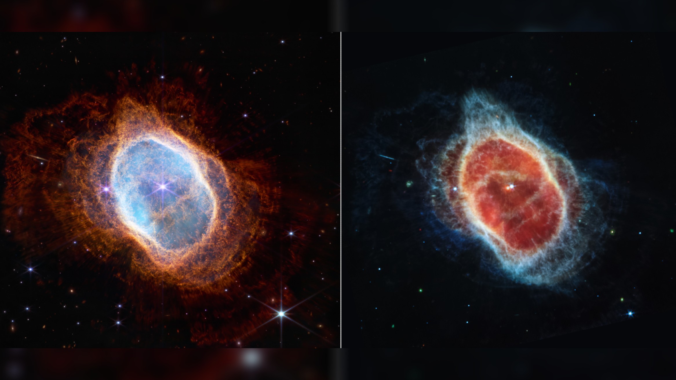 A side by side comparison of images of the Southern Ring Nebula taken in near-infrared (left) and mid-infrared (right). The left image shows wispy orange ribbons of gas and dust surrounding an oval shape 