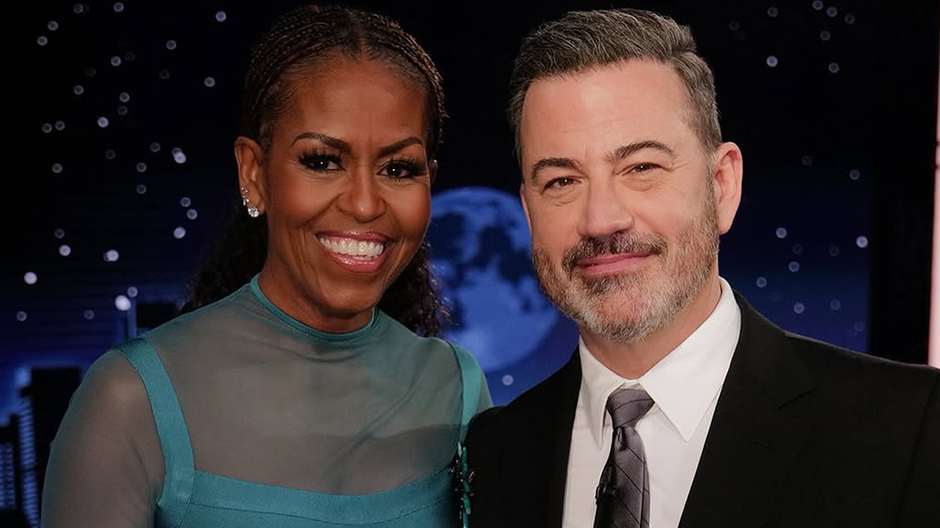 Michelle Obama stopped by Jimmy Kimmel Live in a semi-sheer Herve Leger bandage dress