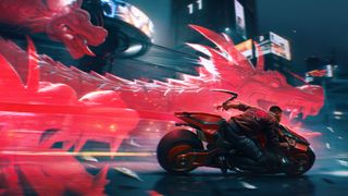 Hologram dragons race alongside a motorbike