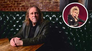 Warren Haynes sitting at a table, plus (inset) Dolly Parton riding a motorcycle