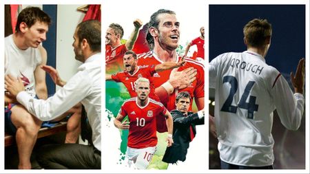 Three images sliced together, one of Messi and Pep Guardiola, the Welsh National team and Peter Crouch