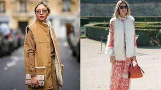 how to style a gilet composite image of two street style shots of women in gilets