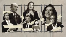 Photo collage of Sen. Chris Murphy, Sen. Chris Coons, Michèle Flournoy, Colin Kahl, Mara Karlin, Gina Raimondo, and Wally Adeyemo.