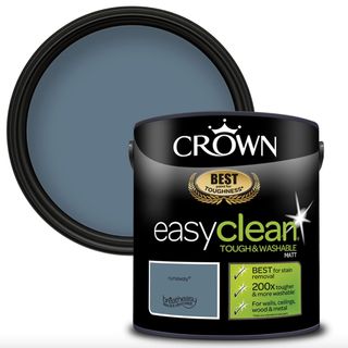 tin of Crown paint easy clean in Runaway blue