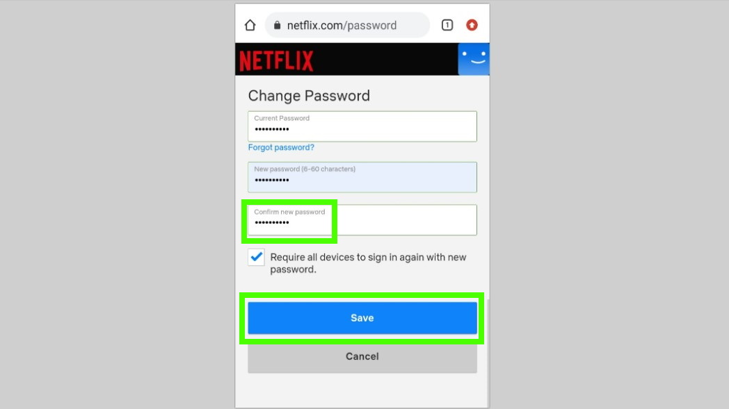как изменить мобильный пароль Netflix