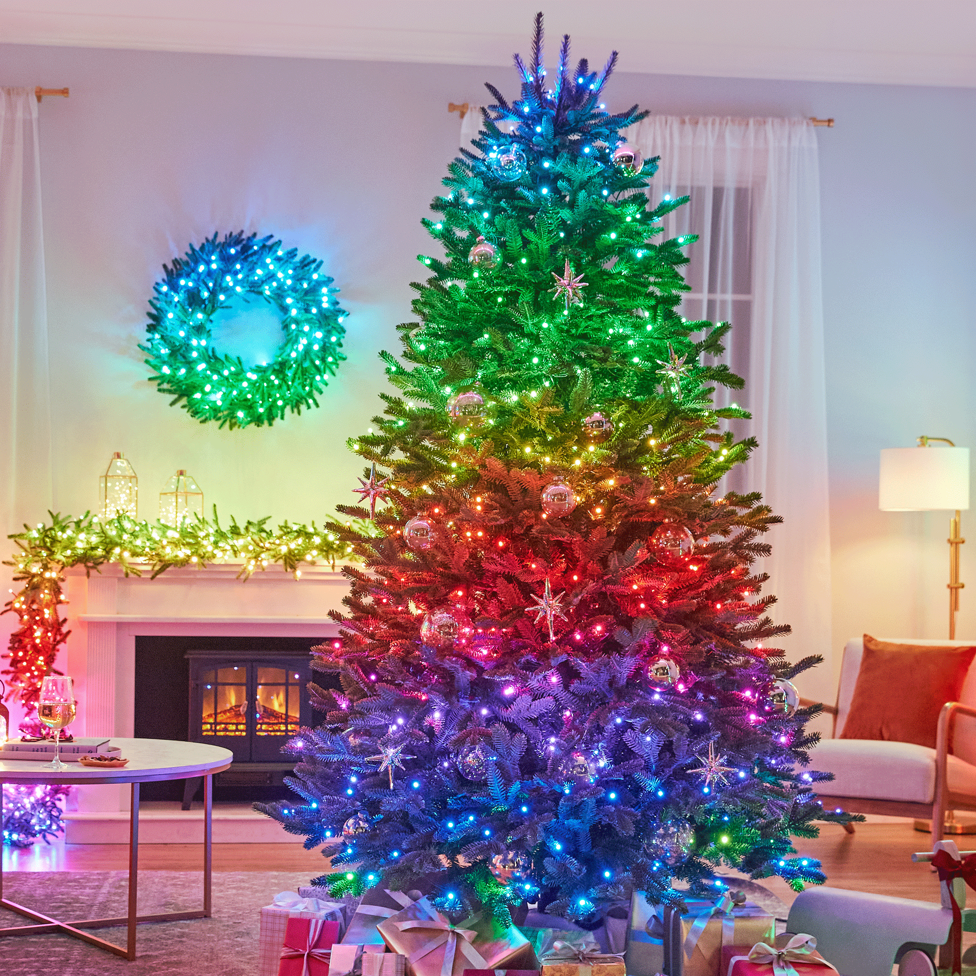 A Balsam Hill Christmas tree pre-lit with Twinkly smart fairy lights