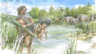 An illustration of a female and children Homo heidelbergensis with elephants and a rhinoceros on the shores of a lake.