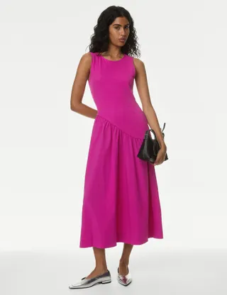 M&S Collection, Cotton Blend Textured Midi Drop Waist Dress