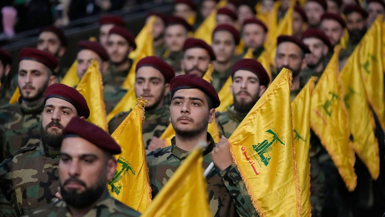 A Hezbollah military parade in Beirut, Lebanon in April