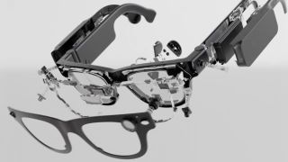 Still from a promotional video about Meta Project Aria Gen 2, showing the various smart glasses components broken out in virtual space