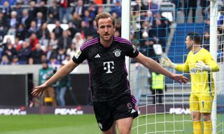 Harry Kane celebrates after scoring for Bayern Munich against Darmstadt in March 2024.