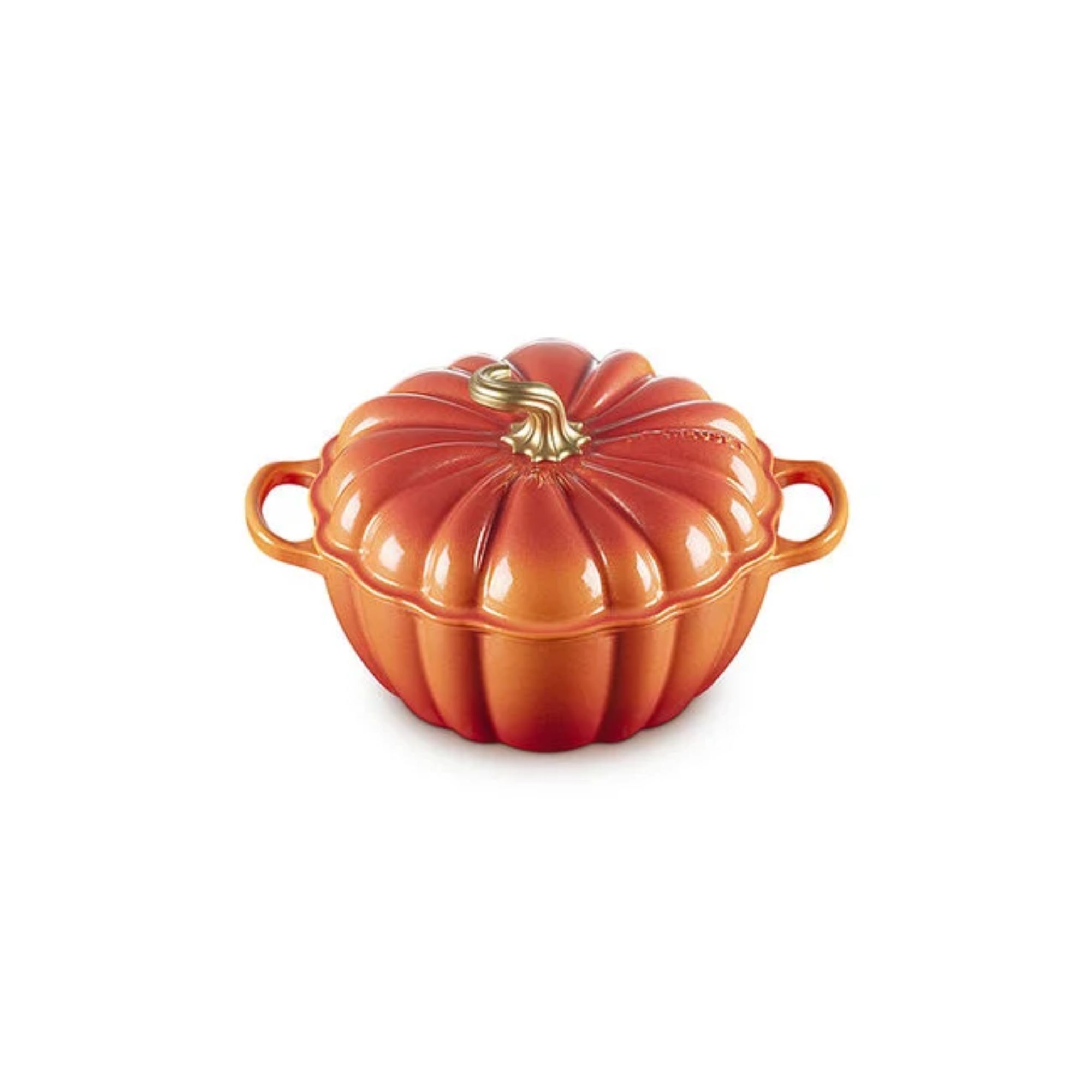 Deep orange Le Creuset pumpkin-shaped cocotte