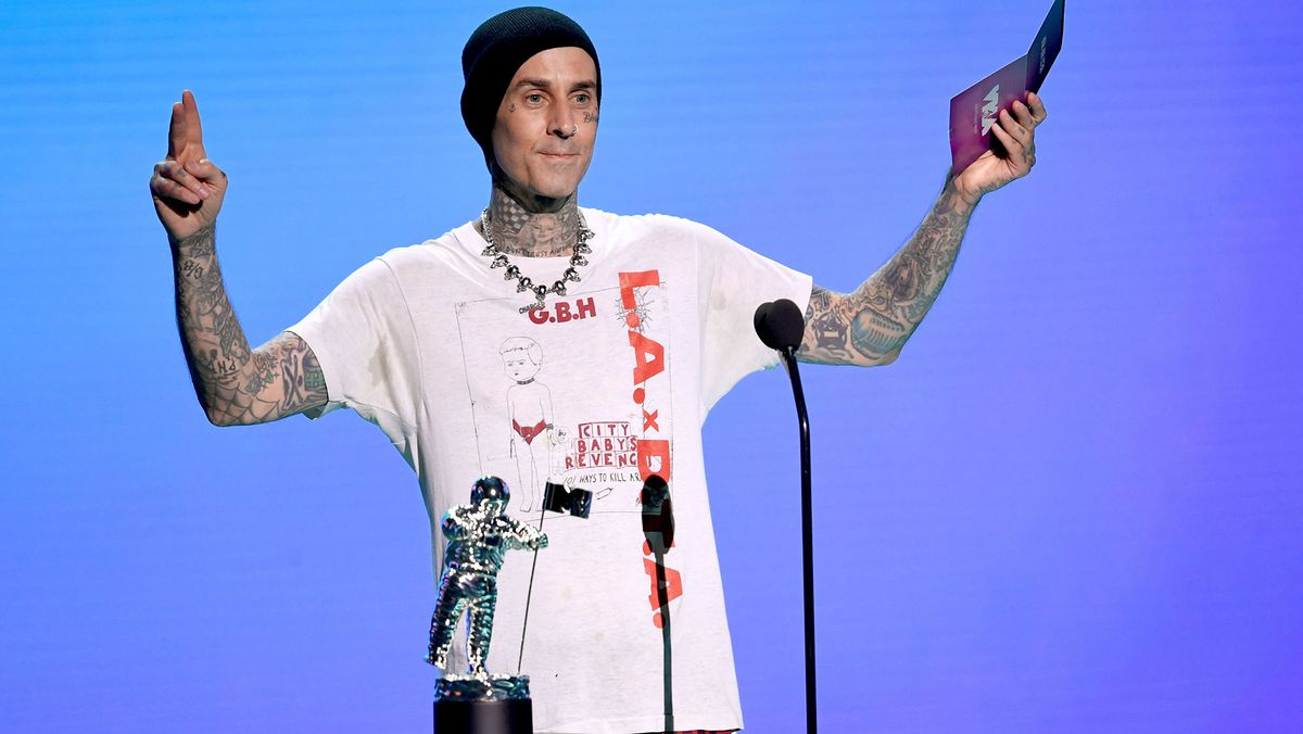 Travis Barker speaks onstage during the 2020 MTV Video Music Awards, broadcast on Sunday, Aug. 30 2020.