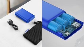 A composite image showing two promotional shots of an Anker power bank.