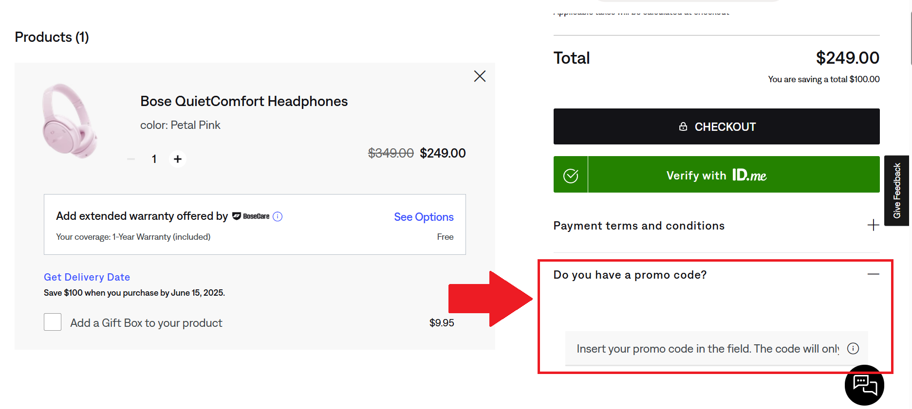 A screenshot showing the Bose checkout page and where to enter a Bose Coupon Code