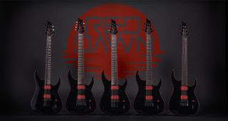 Schecter Red Dawn series: five guitars, finished in gloss black with red trim, lined up for a family photo against the wall.