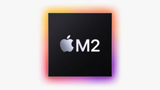 An Apple M2 logo against a white backdrop with a semi-rainbow dropshadow