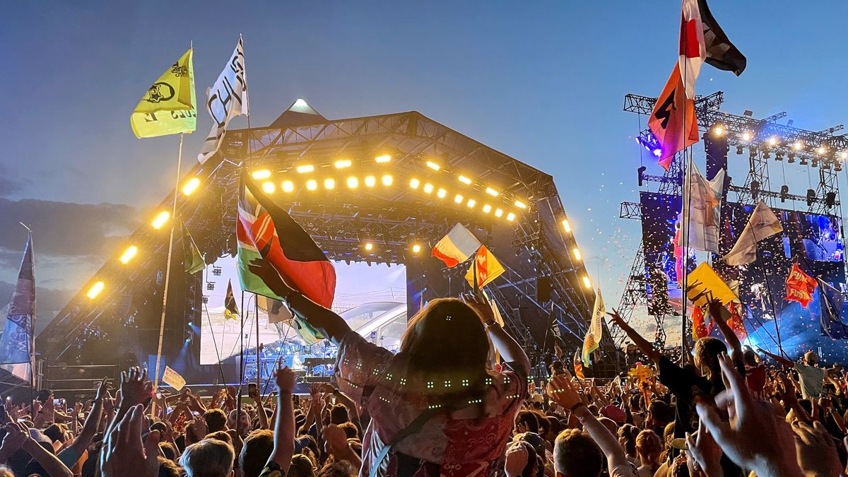 The Pyramid Stage at Glastonbury at dusk