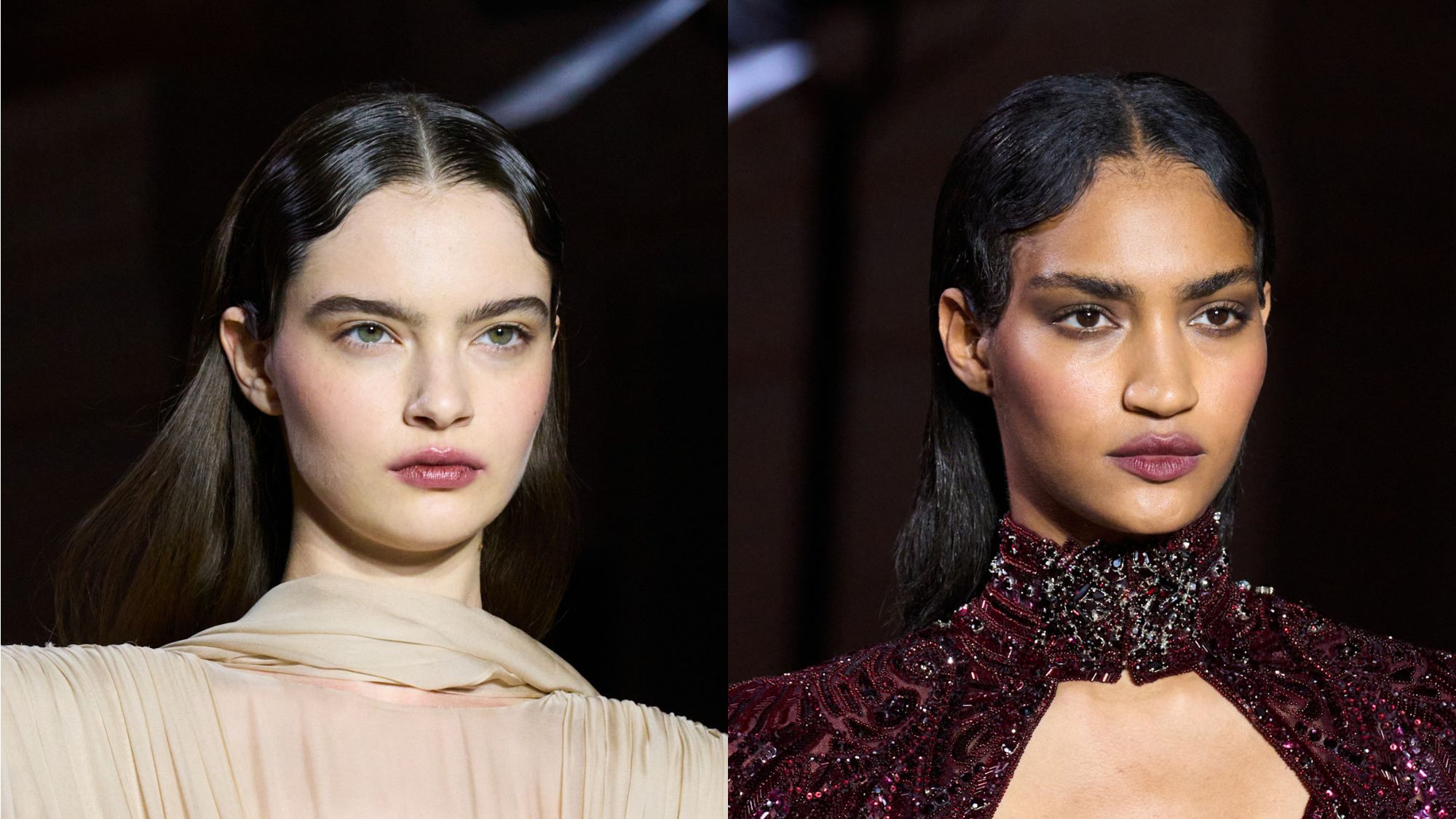 Two people with sheer, purple lip looks.