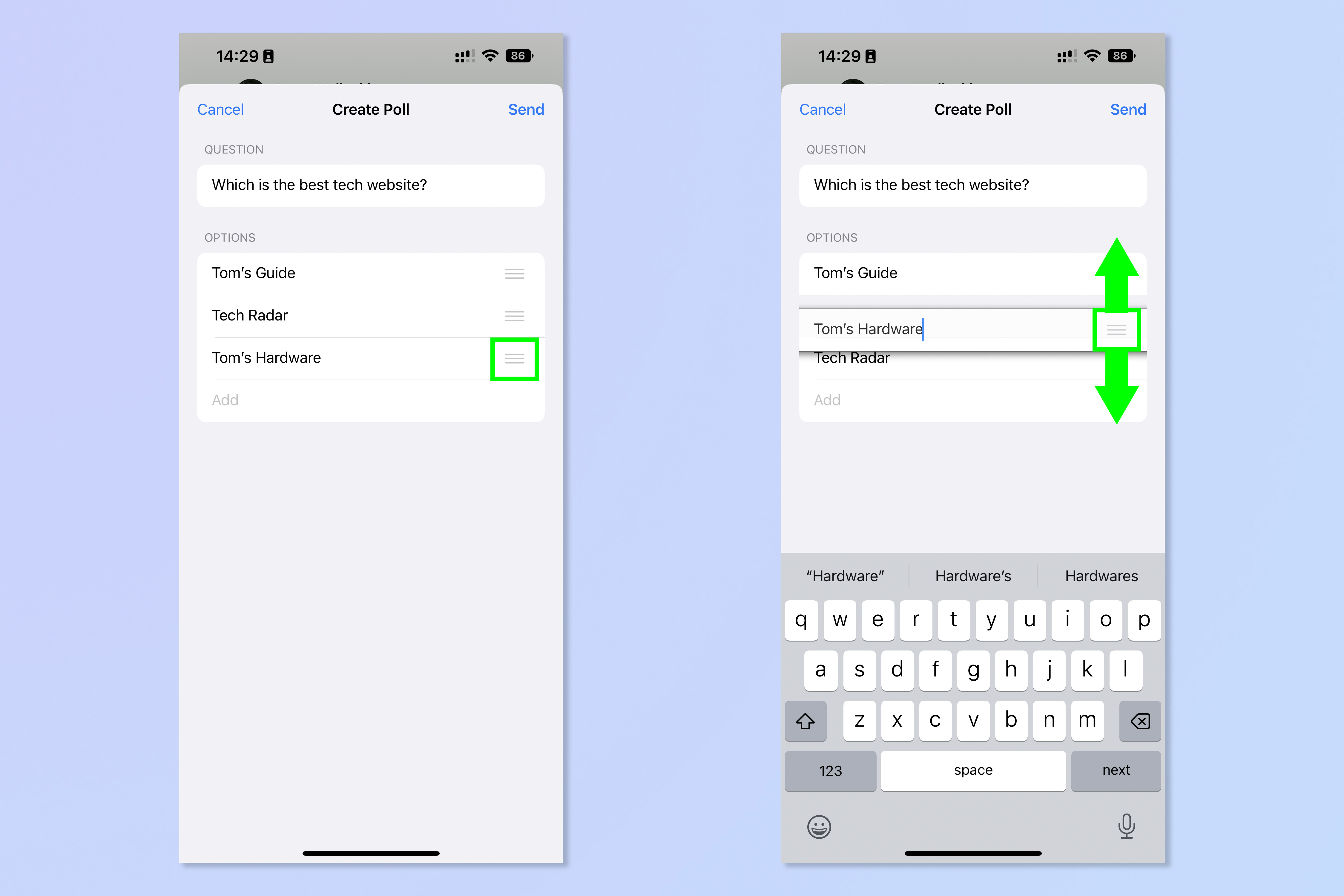 Два снимка экрана, показывающие шаги, необходимые для участия в опросе в WhatsApp.