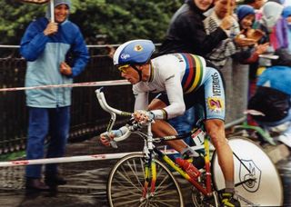 World champion and defending Tour champion Greg LeMond in time trial mode during the 1990 Tour de France