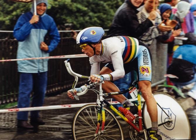 World champion and defending Tour champion Greg LeMond in time trial mode during the 1990 Tour de France