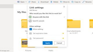 OneDrive's pop-up covering link settings and options