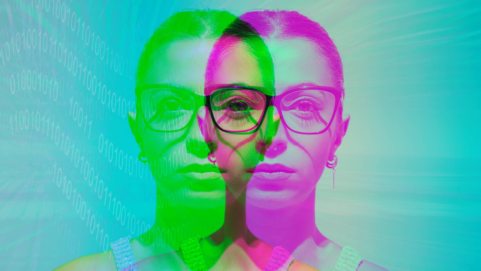 Digital manipulation of a young woman wearing glasses illustrating Biometric identification and Metaverse Technology concepts.