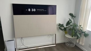 LG Easel OLED TV with fabric panel raised