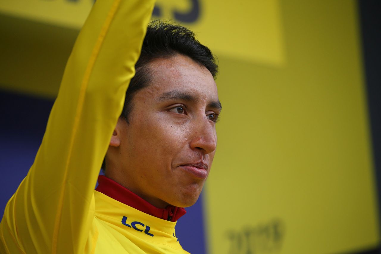 An emotional Egan Bernal (Team Ineos) on the podium