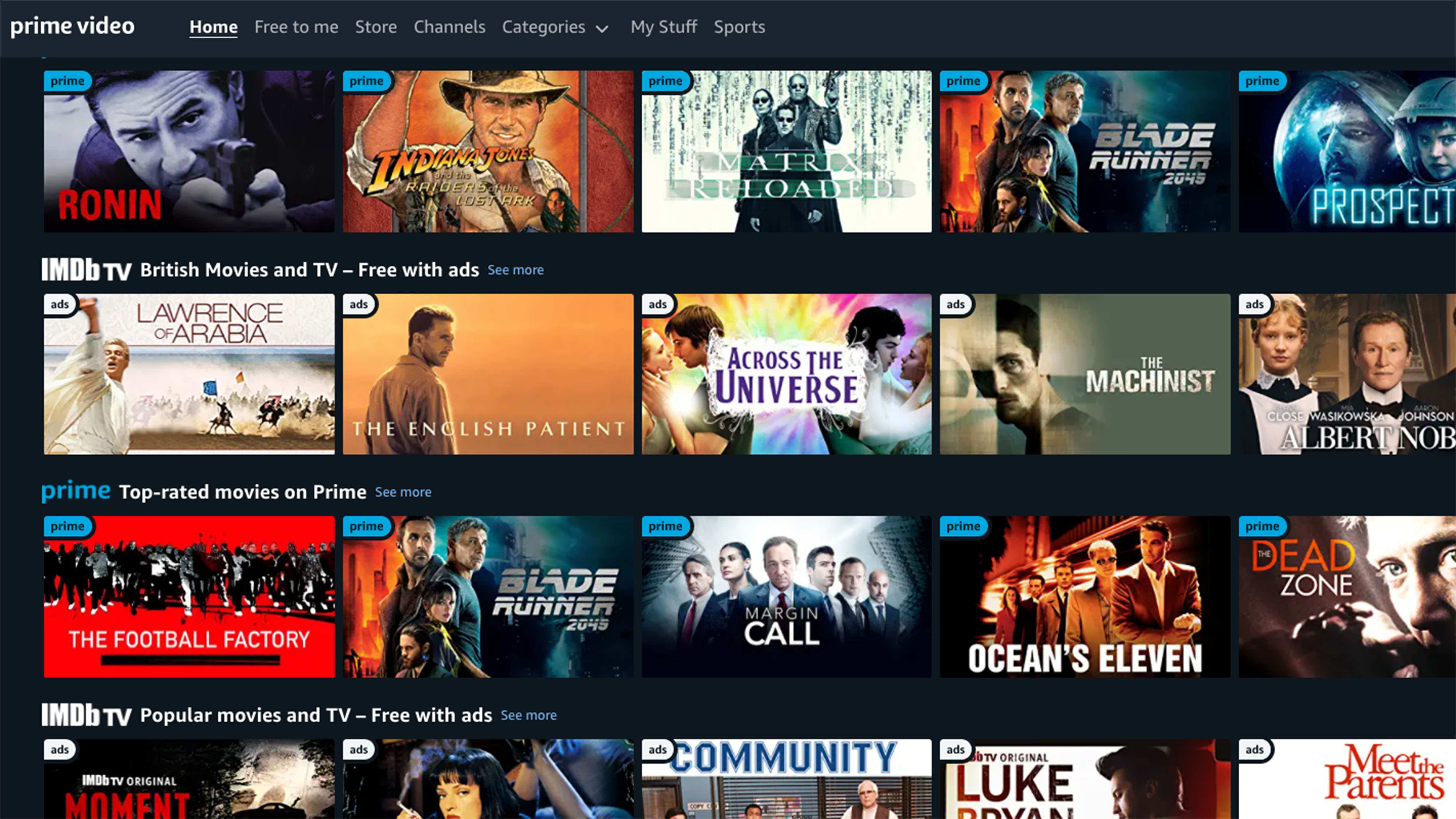 A screengrab of the IMDb TV row on Amazon Prime Video.