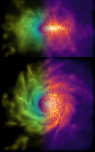 A computer- generated image of the simulated galaxy with the gas density shown as bright dots.