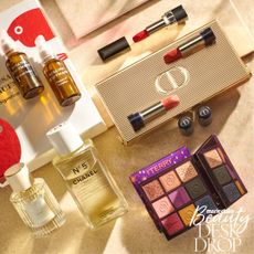 Best new beauty products for November 2023 and Christmas, including Susanne Kaufmann serum gift set, Dior lipstick clutch, By Terry Eyeshadow Palette, Chanel No5 Body Oil and Chloe Perfume