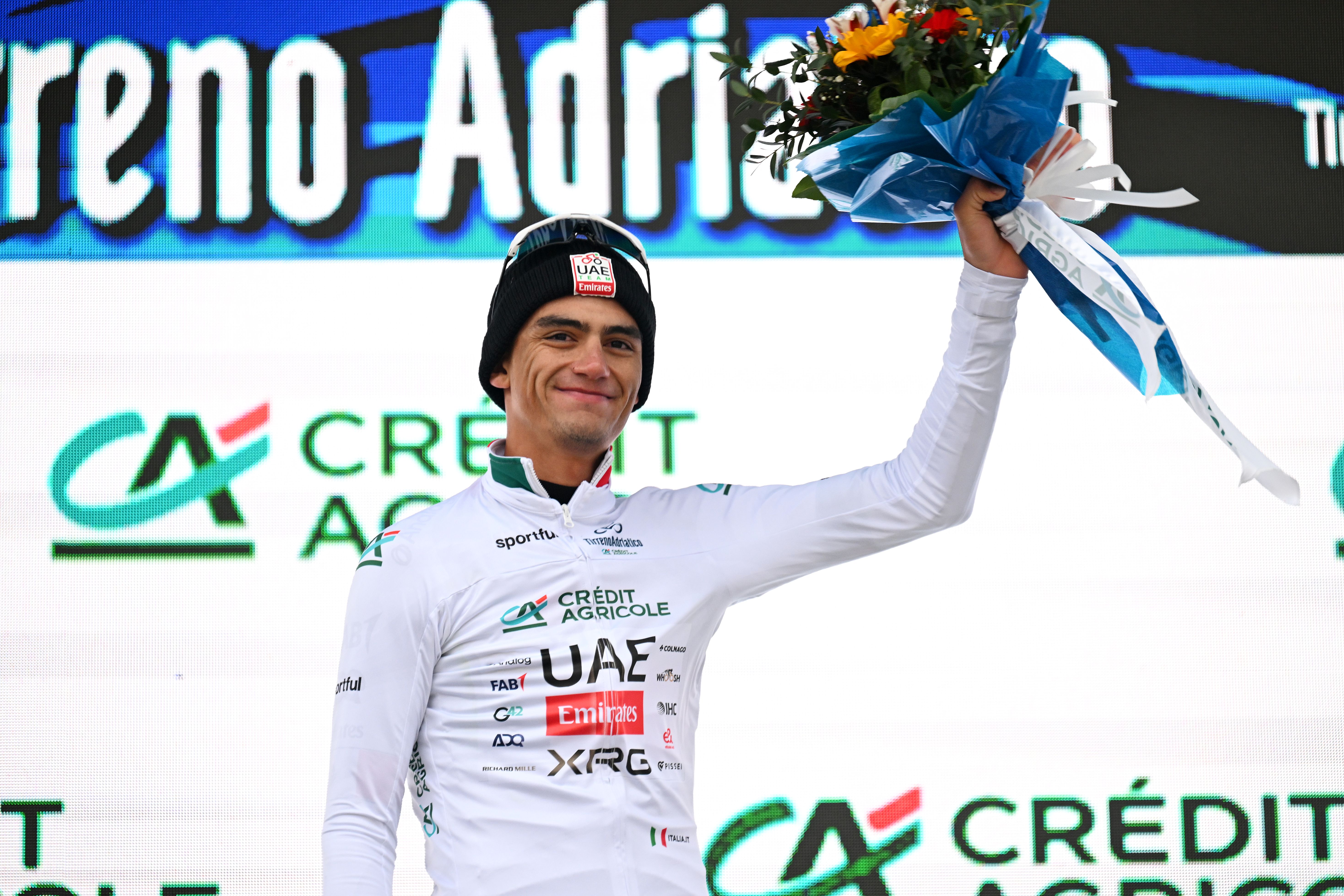 Isaac Del Toro in white jersey at Tirreno-Adriatico 2026