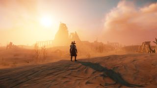 New World: Aeternum screen shot showing an explorer standing in a vast desert