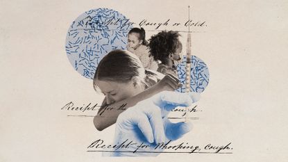 Photo collage of coughing children and a gloves hand holding a whooping cough vaccine in a syringe, with bacteria in the background