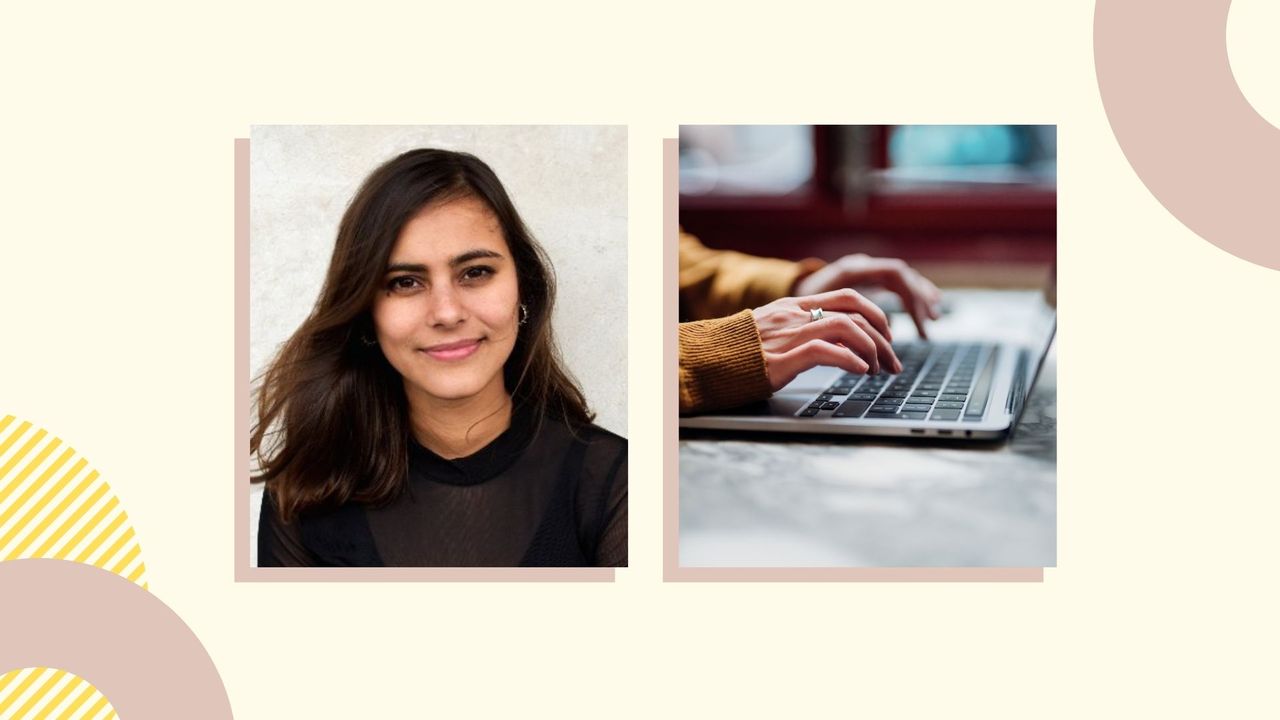 Images of writer Freya Berry and a person writing tips on how to write a book set against a pink background with shapes on it