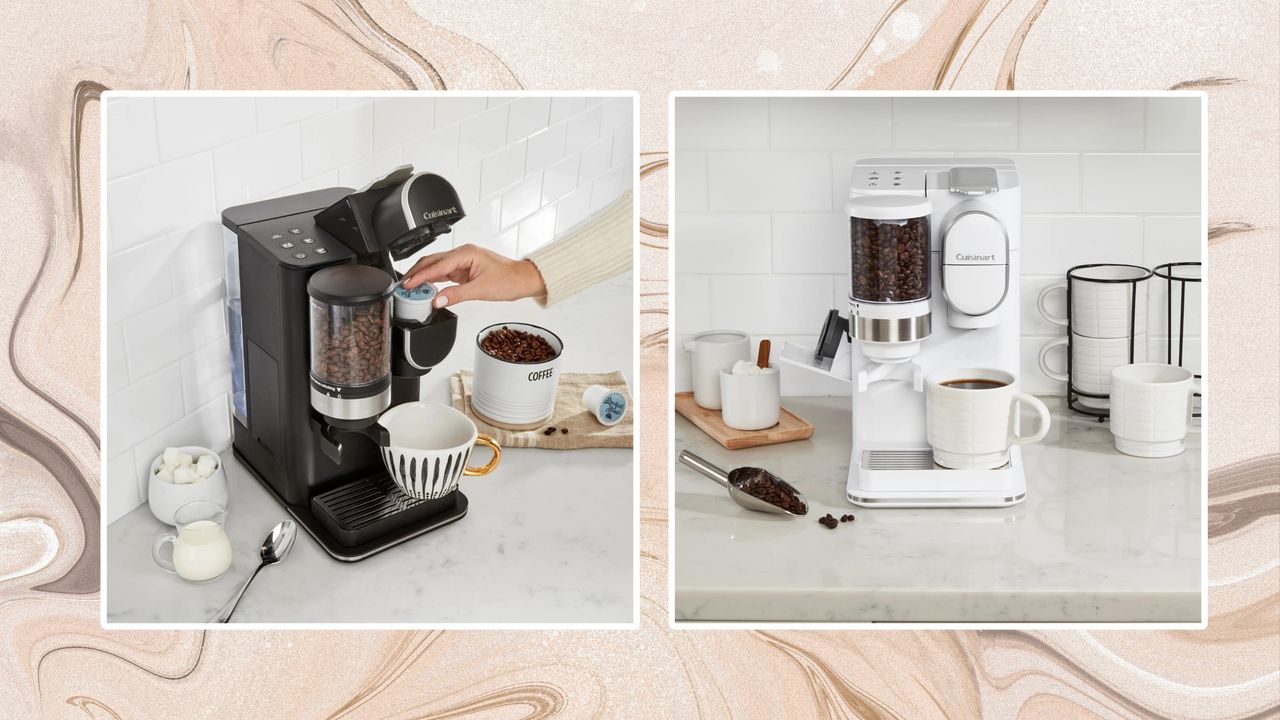 Cuisinart grind &amp; brew single-serve coffee maker images on swirled brown background