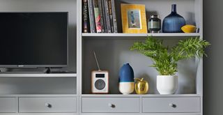 Close up a bespoke grey shelving unit with a TV and blue and yellow accessories