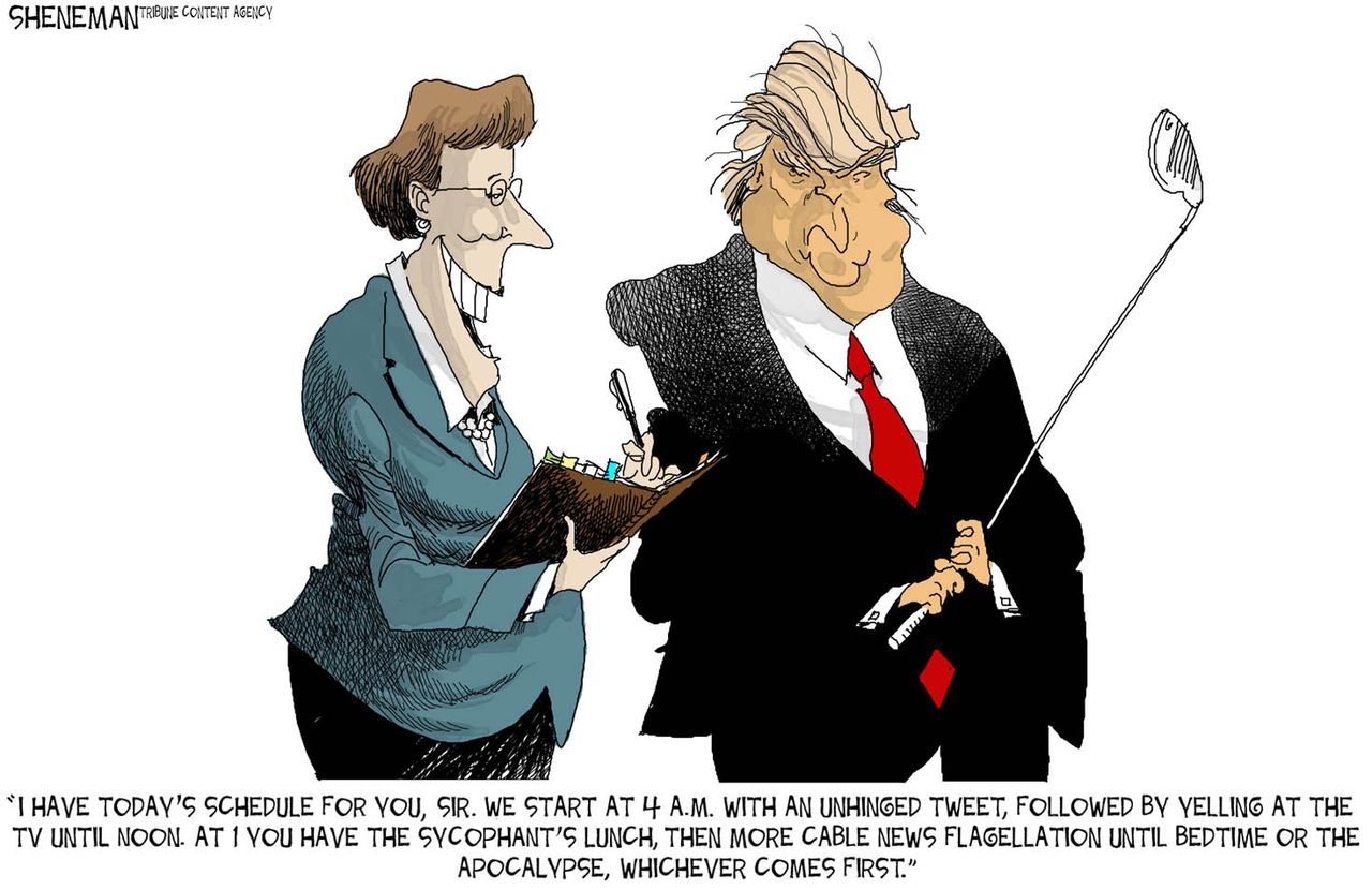 Political cartoon U.S. Trump tweets cable news golf