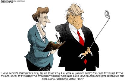Political cartoon U.S. Trump tweets cable news golf