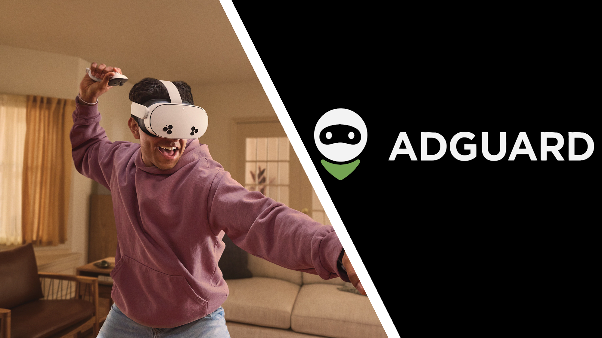 Guy playing with a Meta Quest headset on the left, AdGuard's logo on black background on the right