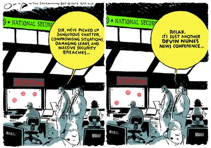 Political Cartoon U.S. Nunes Press Conference Media Investigation Leaks