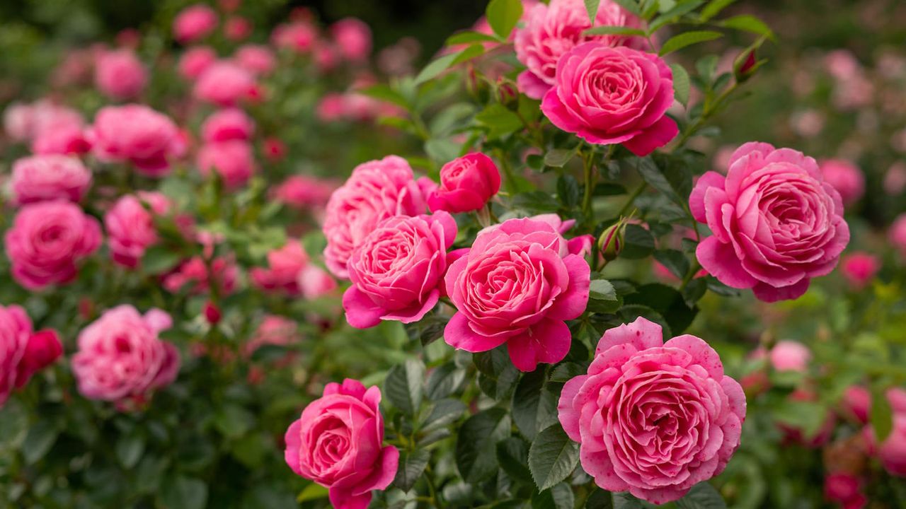 A rose bush covered in pink flowers in a garden