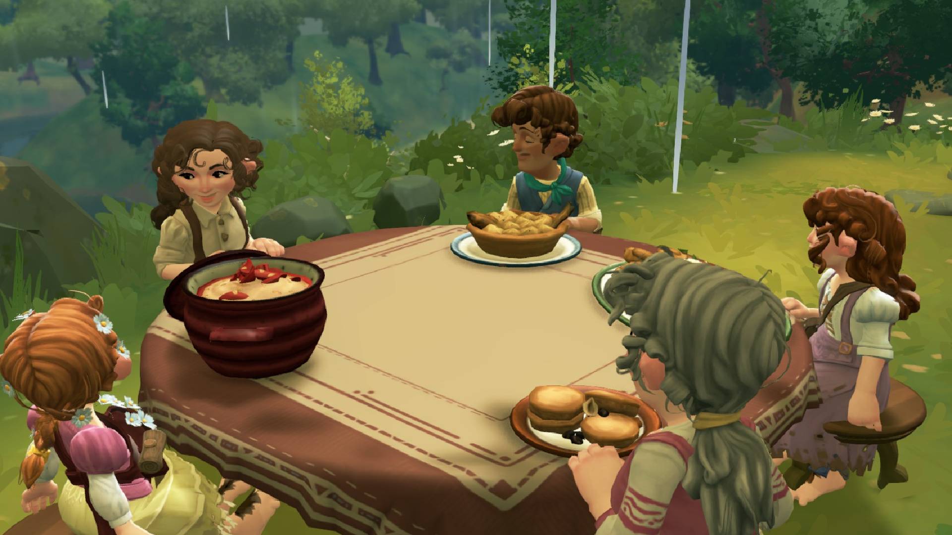 Five hobbits sat around the table in Bywater having a meal in the rain