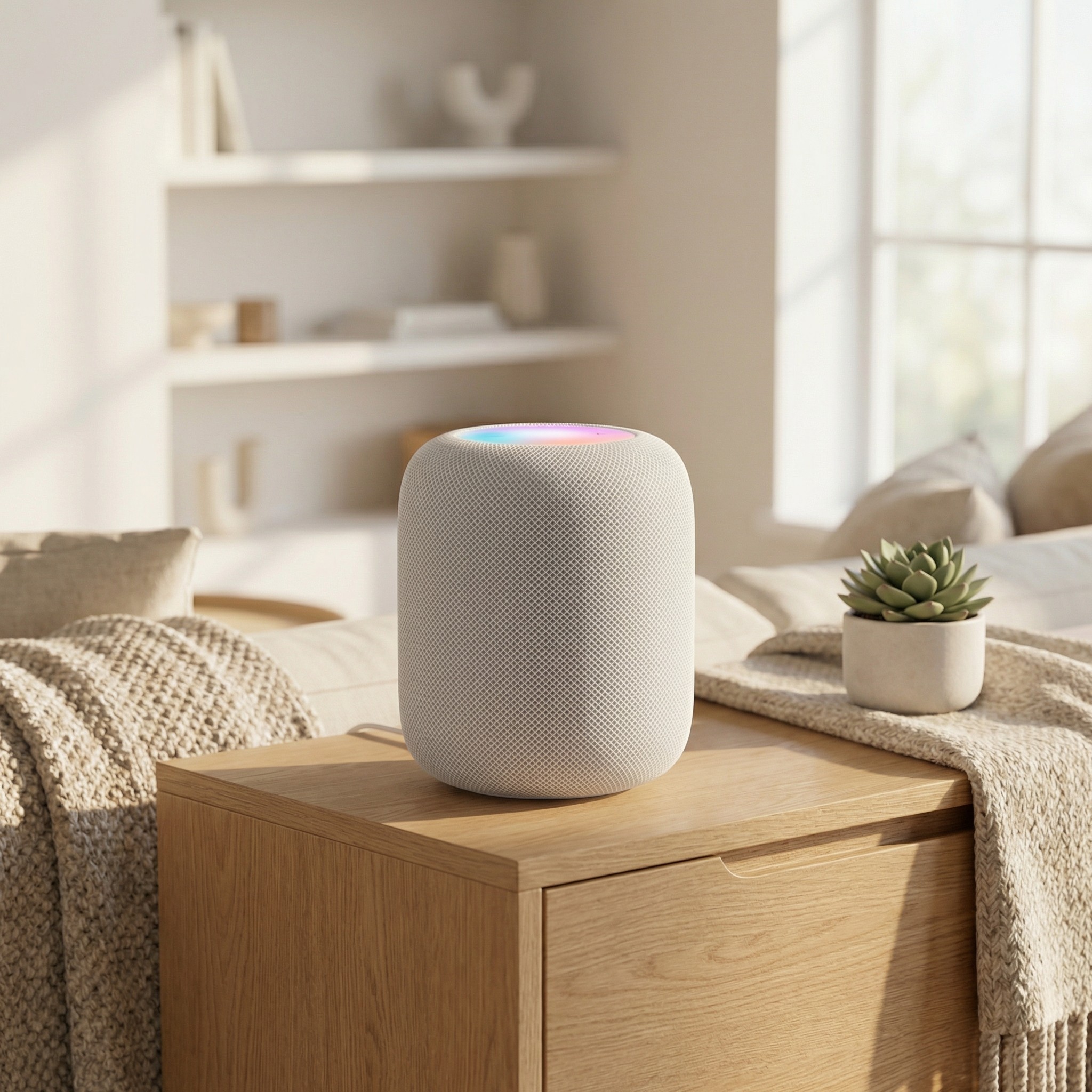 Apple HomePod, one of the best smart hubs, on a wooden cabinet in a living room