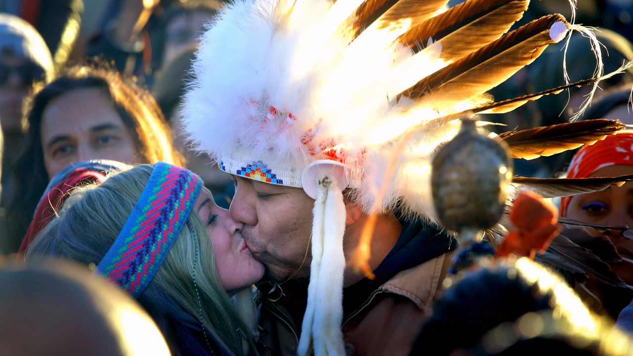 Native American activists celebrate in December after learning that an oil pipeline will be rerouted away from their land