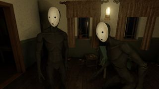 Two creepy characters in white masks staring at the player in Pathologic 2