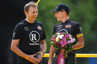 Johan Bruyneel (left) with Lance Armstrong at the 2010 Tour de France