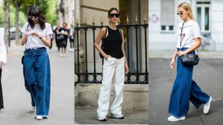 influencers showing how to style wide-leg jeans with a top